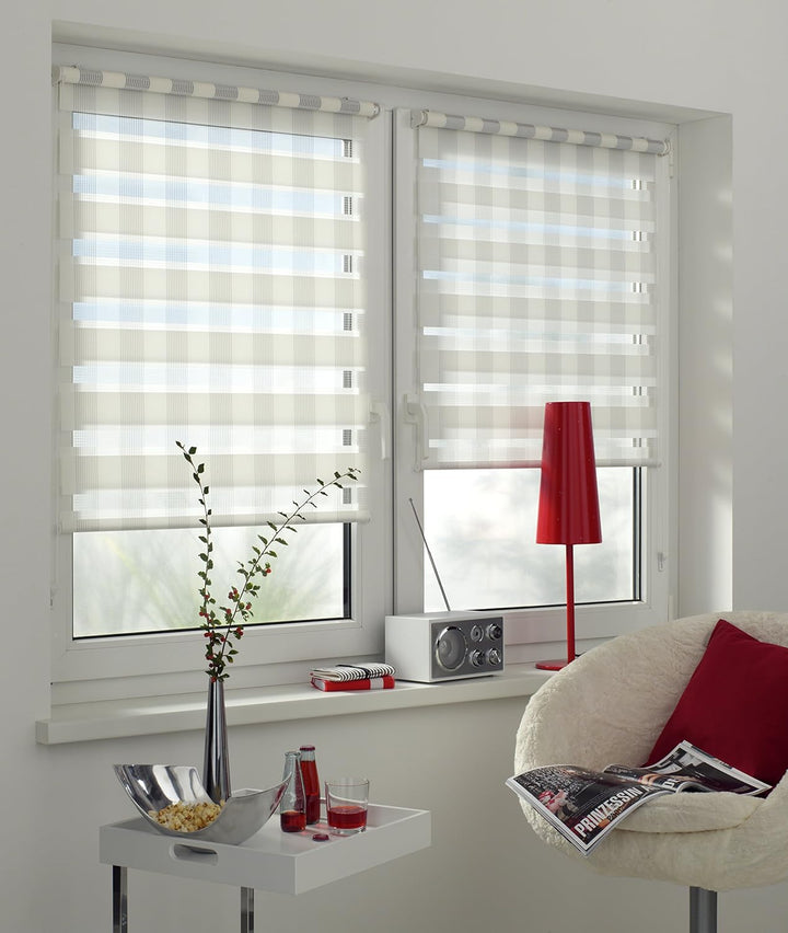 Doppelrollo zum Klemmen oder Kleben, Duo-Rollo/ Seitenzugrollo, Transparente und blickdichte Streife