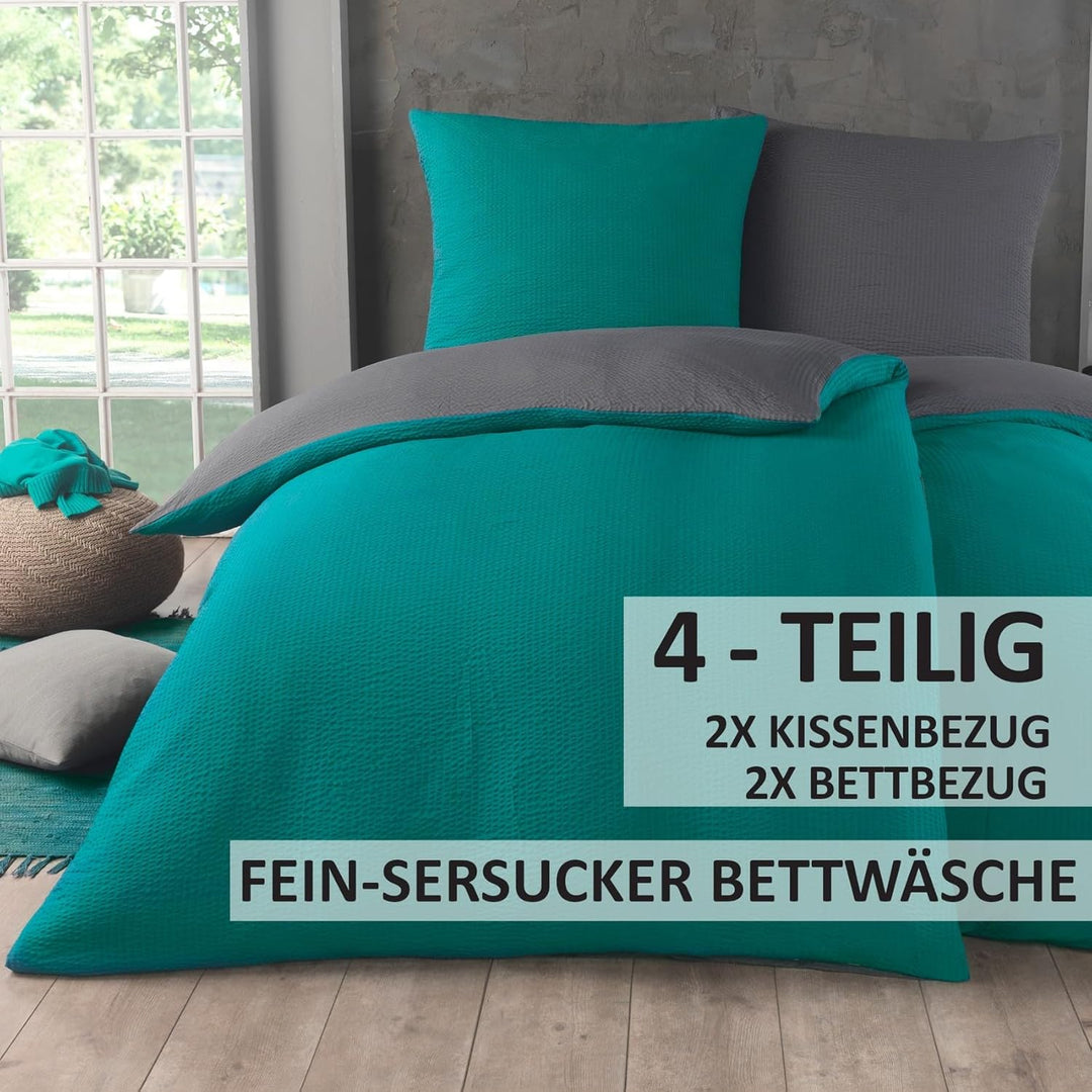 Kuscheli 4 teilig Dreamhome Uni fein Seersucker Wende Bettwäsche Bettbezug für Bettdecke Kissenbezug