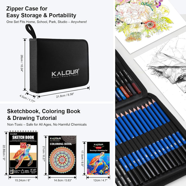 KALOUR PDAS 127 Zeichenset, Skizzierset, professioneller Künstlerbedarf mit 3-farbigem Skizzenbuch u