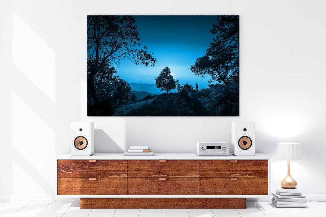 deyoli aussergewöhnliche Hügellandschaft mit Bäumen Format 80x60 Effekt: Monocrome Blau als Leinwand