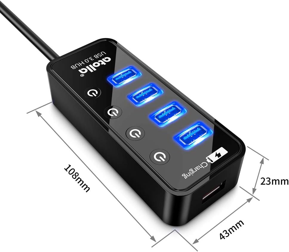 Atolla USB 3.0 Hub mit Strom versorgt, USB Hub mit 4 Ports Steckdosenleiste mit individuellen EIN-/A