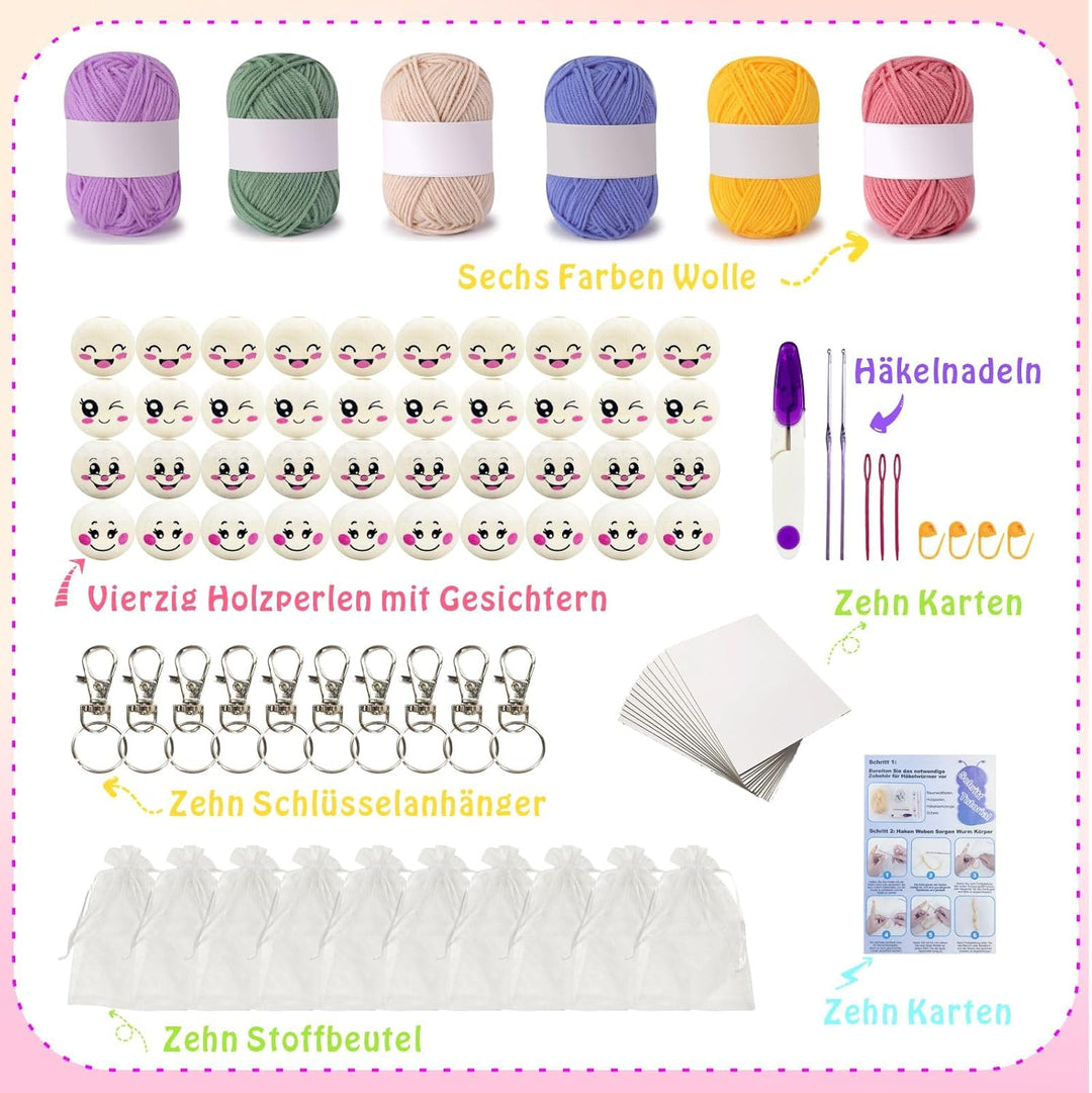 mellystore Sorgenwürmchen Häkelset,Glückswürmchen Häkel Set mit 6x25g Häkelgarn und Häkelnadel,Sorge