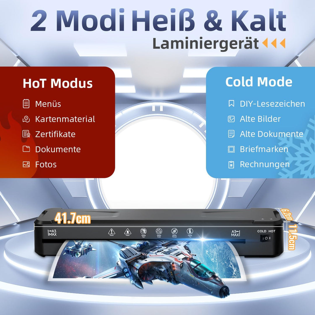 MAXDONE Laminiergerät A3, Laminiergerät, 2-Walzen System mit Papierschneider & Eckrunde, Heiss und K