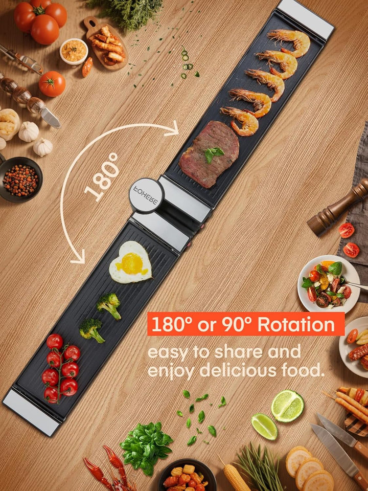 FOHERE Raclette Grill, Drehbarer Raclette 8 Personen mit Antihaftbeschichteter Backplatte und 8 Käse
