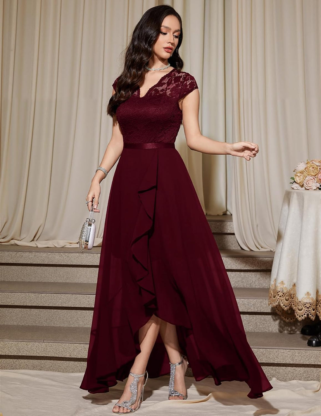 Bbonlinedress Abendkleider elegant für Hochzeit Spitzenkleid Chiffon Hi-Lo Kleid Brautjunferkleid Pa