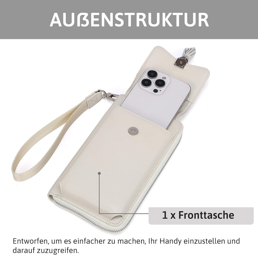 Pearl Angeli Weiches Echtes Leder Handy Umhängetasche - Handytasche Geldbörse Damen RFID Schutz klei