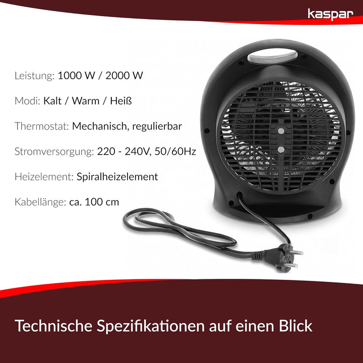 KASPAR Heizlüfter Klein Kompakt Thermoventilator Elektroheizer 1000 W 2000 W Mit Ventilatorfunktion