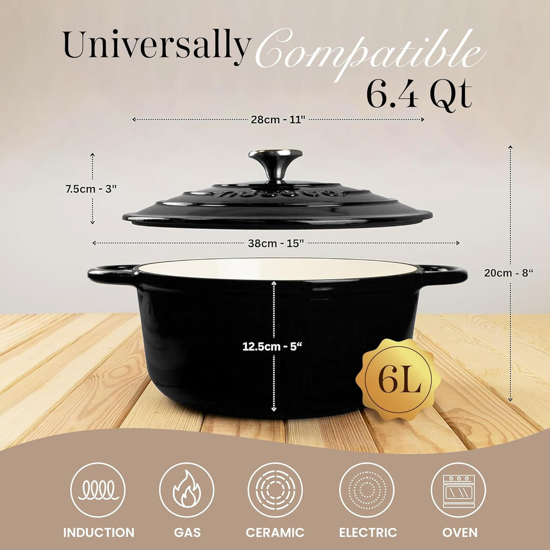 Gusseisen Dutch Oven mit Deckel – Emaille-Schmortopf mit Antihaft, Ofenfest – Schwarz, 6.1 Liter, 28