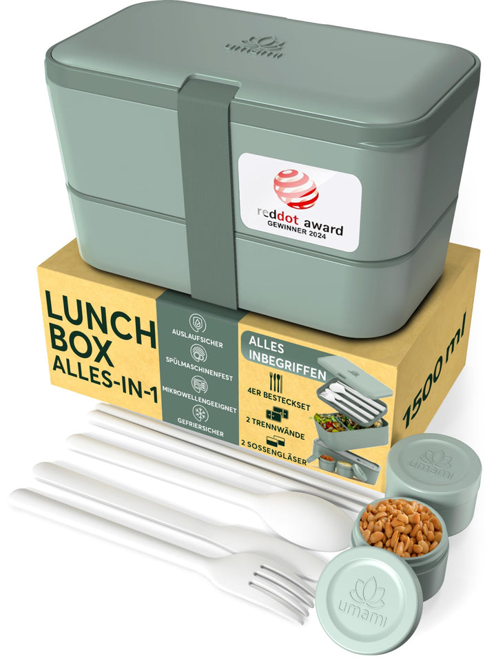 Umami Lunchbox Erwachsene, Verschachtelbar Auslaufsichere Bento Box mit 4 Bestecke & Fächern, Brotdo