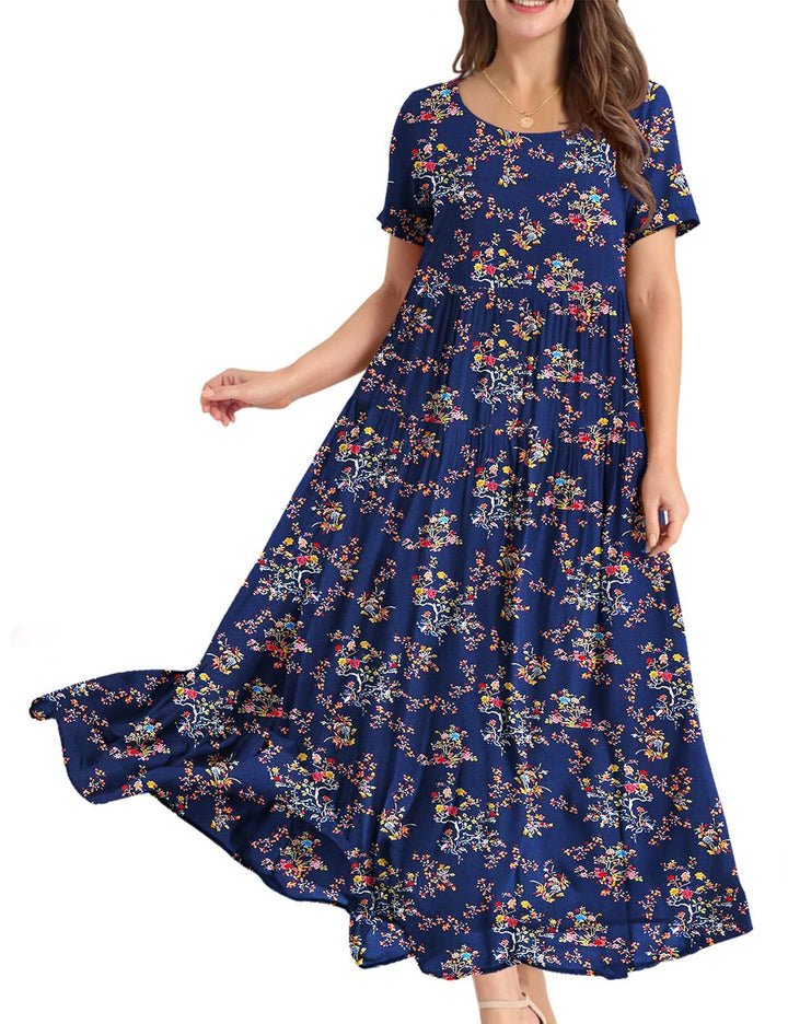 YESNO Damen Kleider Freizeit Lose Sommerkleid Lang Boho Maxikleid für Rundhals Strandkleid Blumenkle