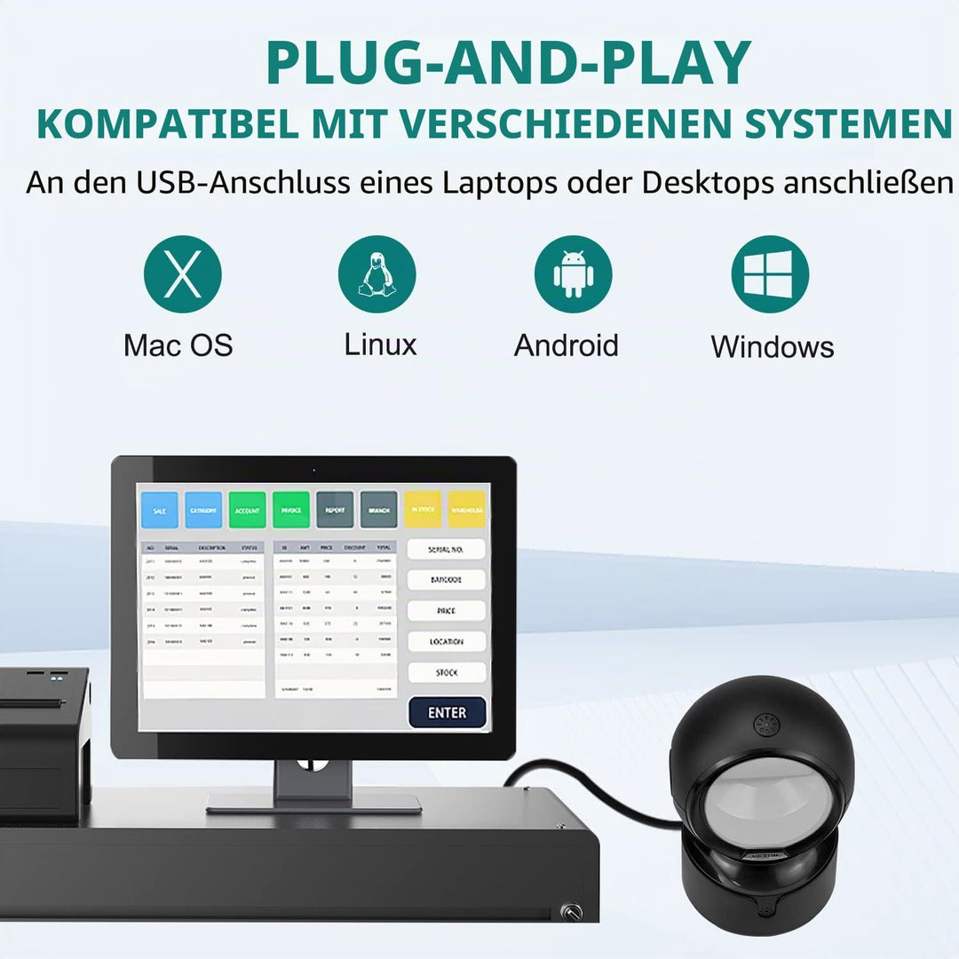 NetumScan omnidirektionaler Desktop Barcode Scanner, freihändiger kabelgebundener USB-QR-Barcode-Les