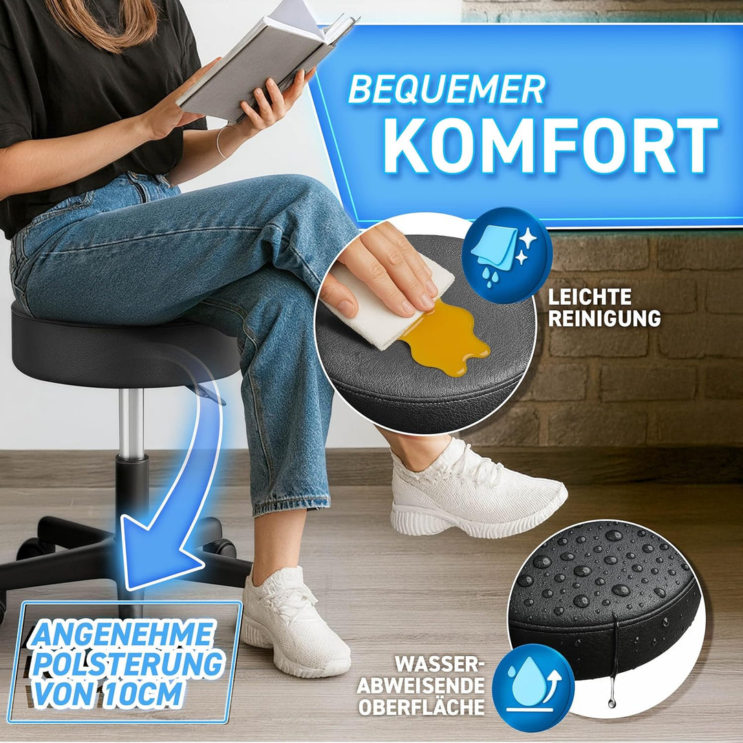 TRESKO Rollhocker höhenverstellbar Schwarz bis 150 kg | Hocker Drehhocker 10 cm Dicke Polsterung 47-