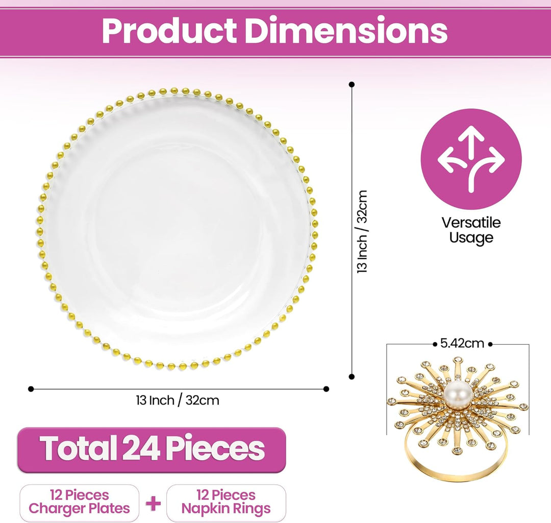 WedDecor Set mit 12 Platztellern und Serviettenringen, Tafelaufsatz aus klarem Glas mit Perlenteller