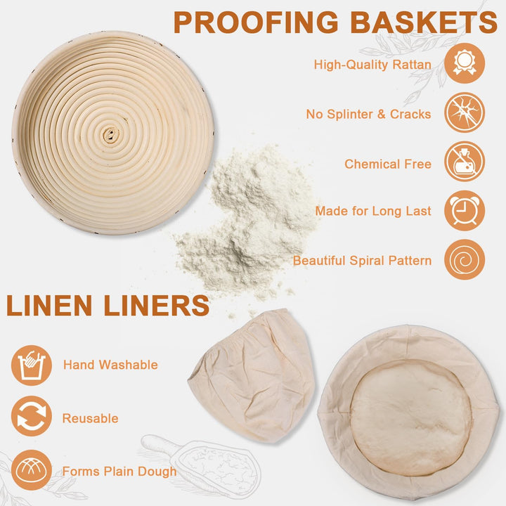 25 teilig Gärkorb Brot Set, 23 cm Gärkörbchen rund und Komplettset Brotbackzubehör, Brotbackset Brot