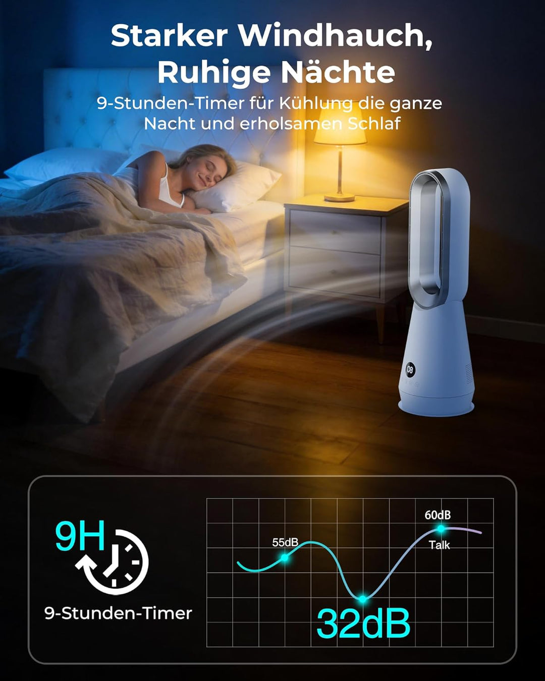 Rotorloser Ventilator leise - 56 cm Turmventilator mit Fernbedienung, 8 Geschwindigkeiten, 9-Stunden