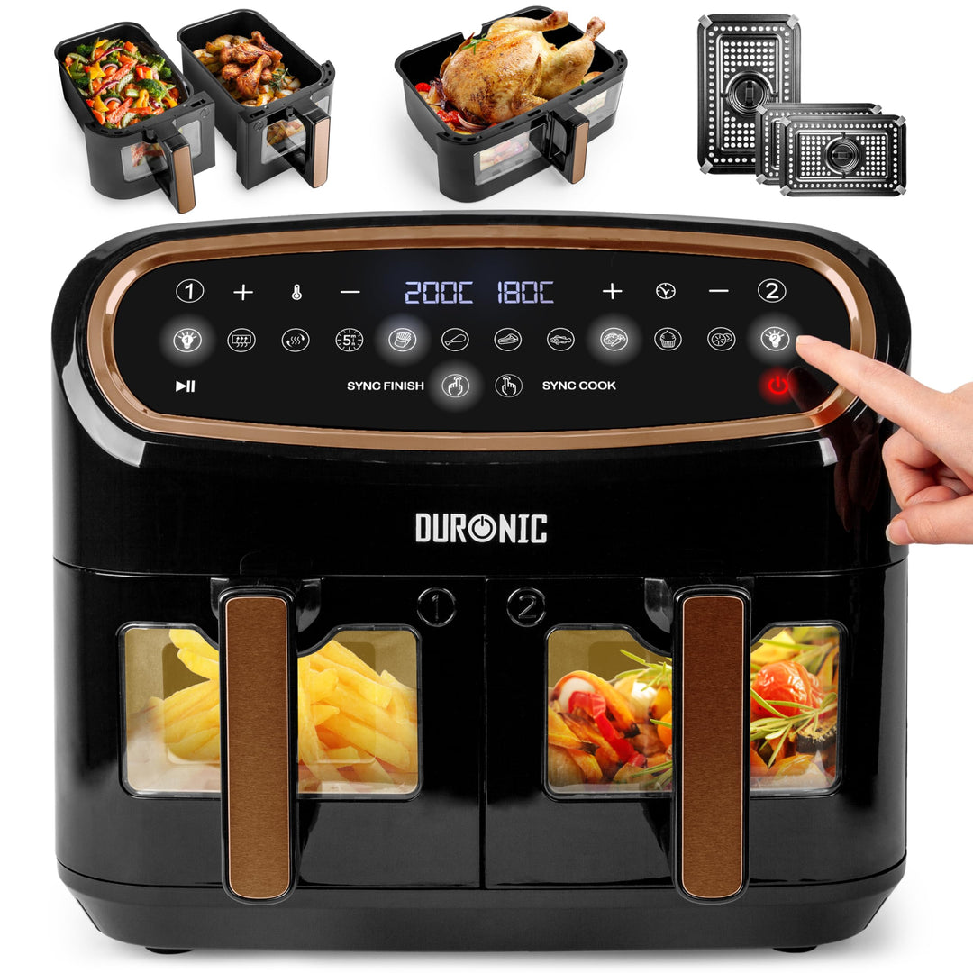 Duronic AF34 BG Heissluftfritteuse | XXL Doppel Fritteuse mit 2 Kammern und 10 Liter Volumen | Cook