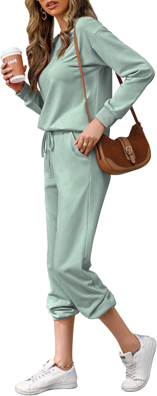 REORIA Damen Tracksuit Langarm Rundhalsausschnitt Einfarbig Zweiteiler Outfit Hoodie Jogger Training