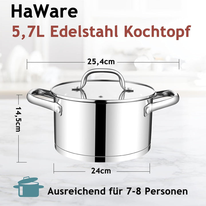 HaWare Kochtopf, 24cm Edeastahl Topf Induktion mit 3-Lagen Boden, Kochtöpfe Nudeltopf für alle Herda