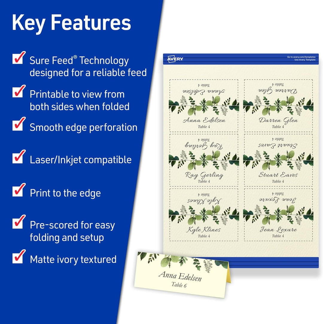 Avery Bedruckbare Tischkarten mit Sure Feed-Technologie, 4,8 x 9,5 cm, strukturiertes Elfenbein, 150