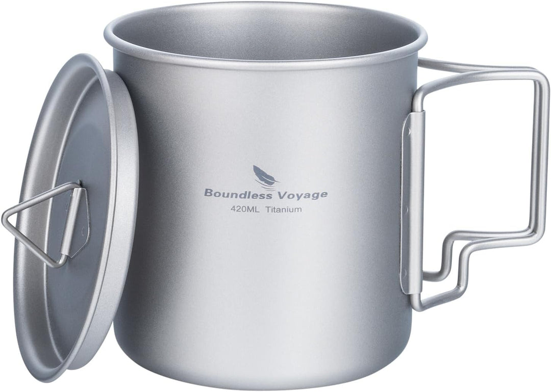 iBasingo 420ml Camping Becher Outdoor Tasse Titan Trinkbecher Mug mit Deckel & Klappgriff Ultraleich