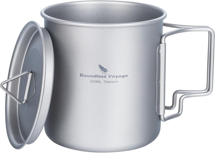 iBasingo 420ml Camping Becher Outdoor Tasse Titan Trinkbecher Mug mit Deckel & Klappgriff Ultraleich