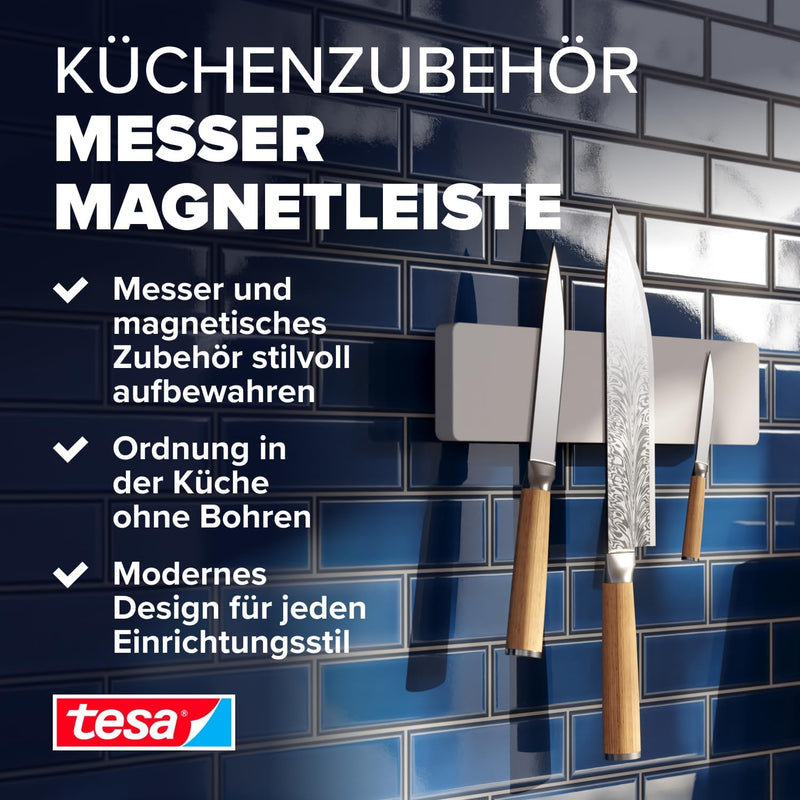 tesa Küchenzubehör Messer-Magnetleiste - selbstklebender Magnet-Messerhalter für die platzsparende A