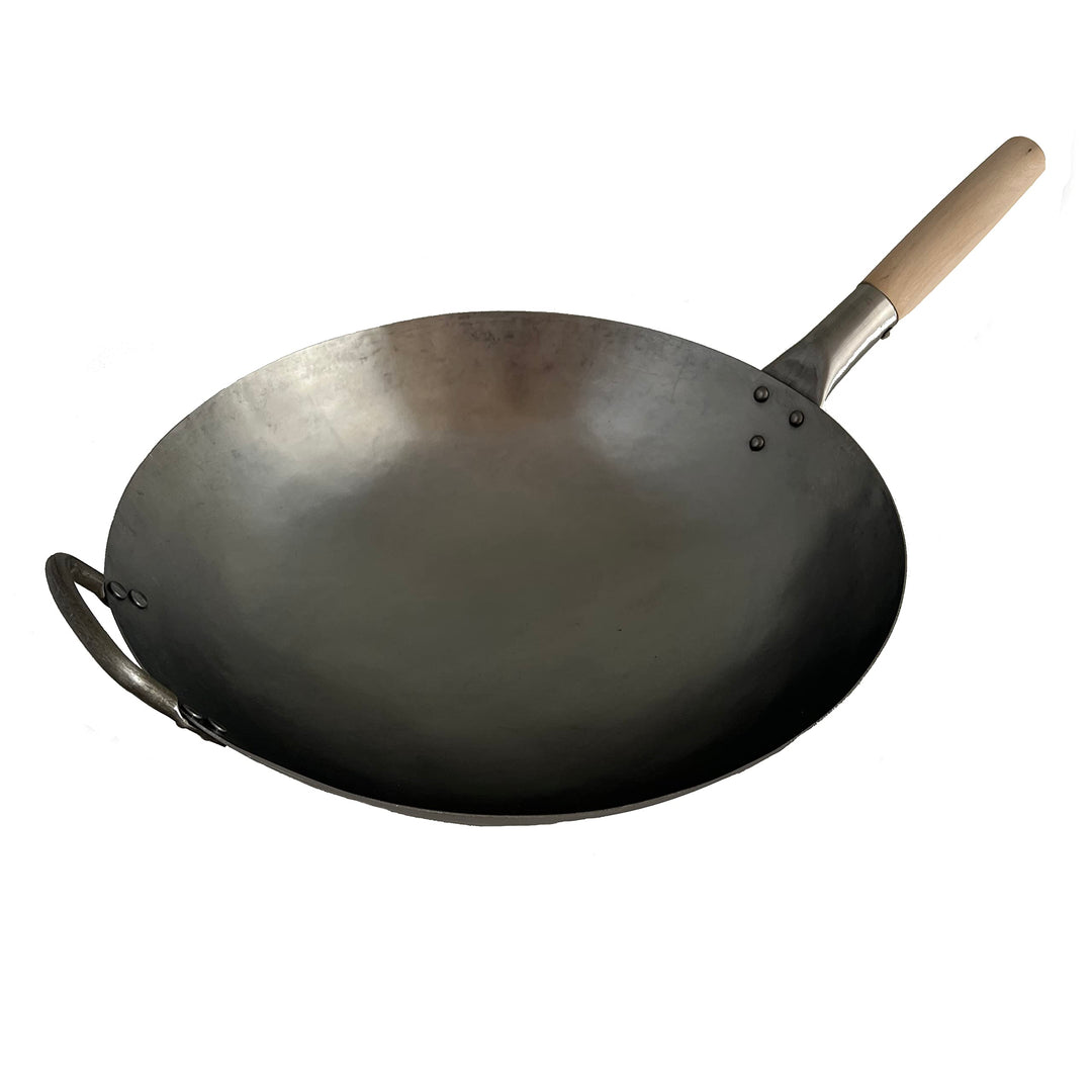 AAF Nommel Wok Pfanne aus Carbonstahl handgehämmert 38 cm Durchmesser mit rundem Boden Doppelgriff