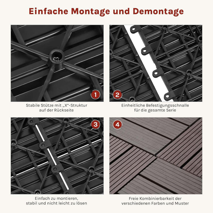 WOLTU WPC Fliese, Terrassenfliesen Holz-Optik, Bodenbelag mit Klicksystem, 30 x 60 cm, Braun (12 Stü