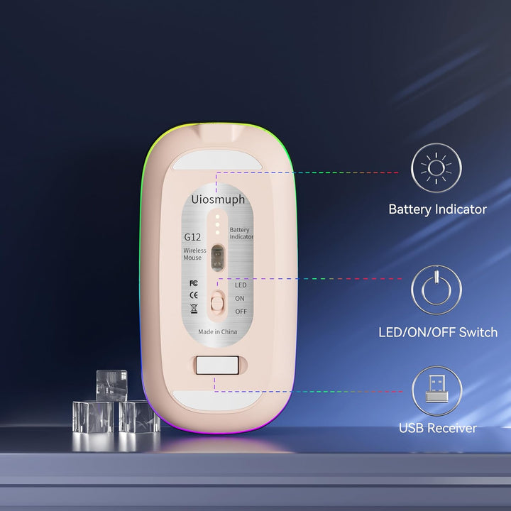 Uiosmuph G12 Maus Kabellos, 2.4G LED Leise Funkmaus Wiederaufladbar Wireless Mousemit Nano-USB-Empfä