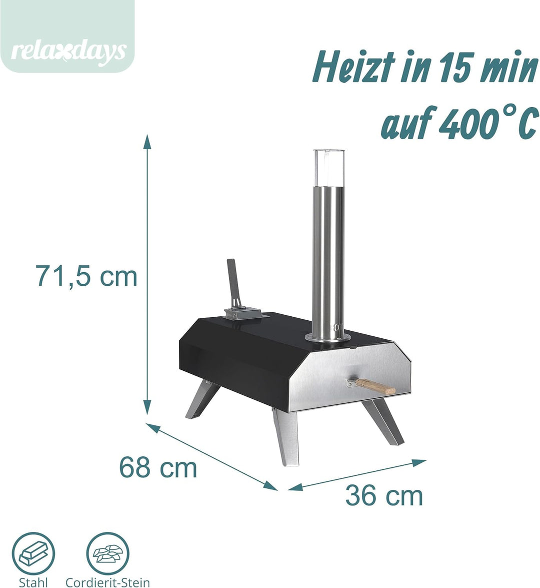 Relaxdays Pizzaofen, für Pellets, Tischpizzaofen, 400°C in 90s, schwarz | HBT 72x36x68 cm, mit Pizza