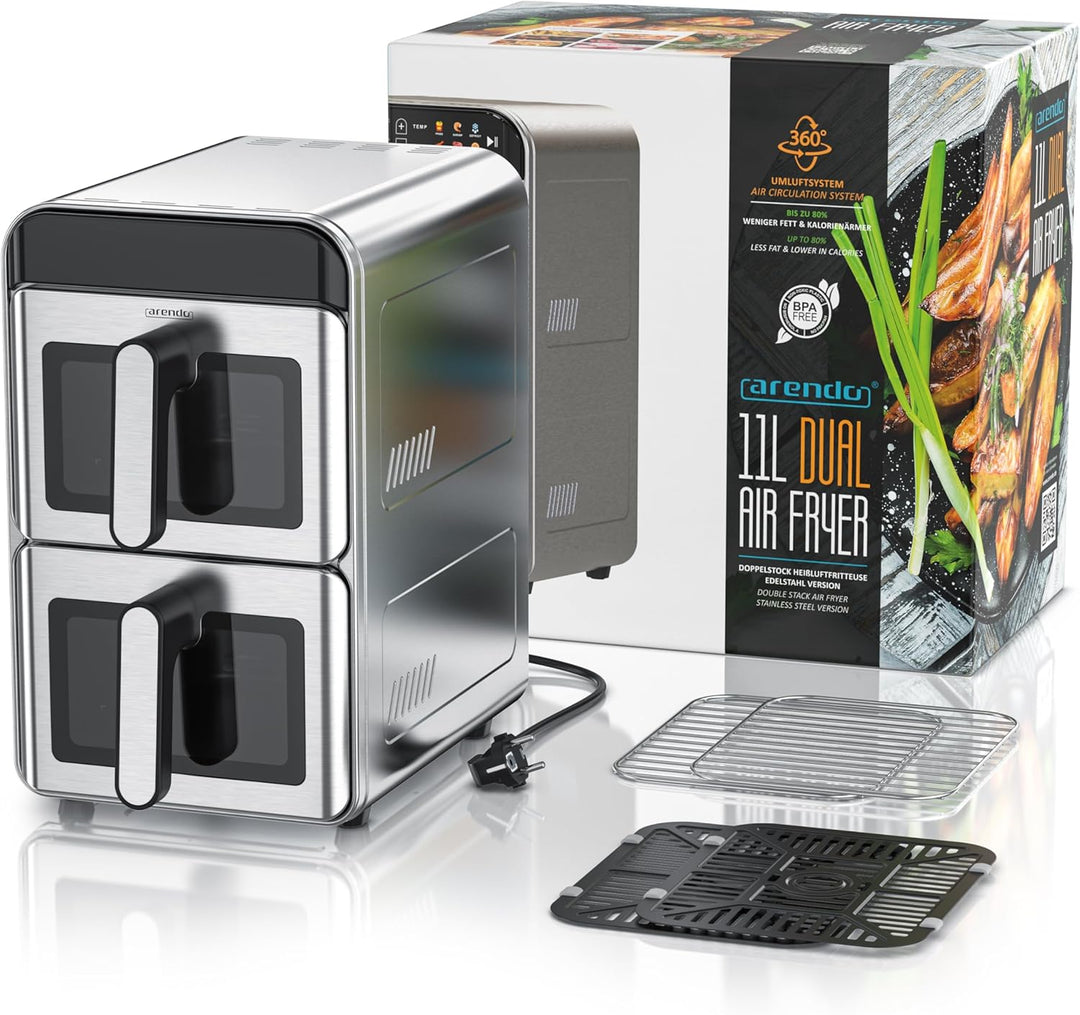 Arendo – Heissluftfritteuse XXL Edelstahlgehäuse - 2 Kammern Doppelstock – 11 Liter Airfryer 2 Zonen