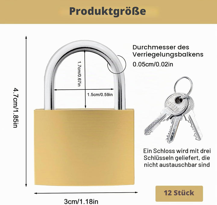 12 Stück Vorhängeschloss Klein 32 mm, Schloss Mit Schlüssel, Vorhängeschloss Mit Schlüssel, Messing