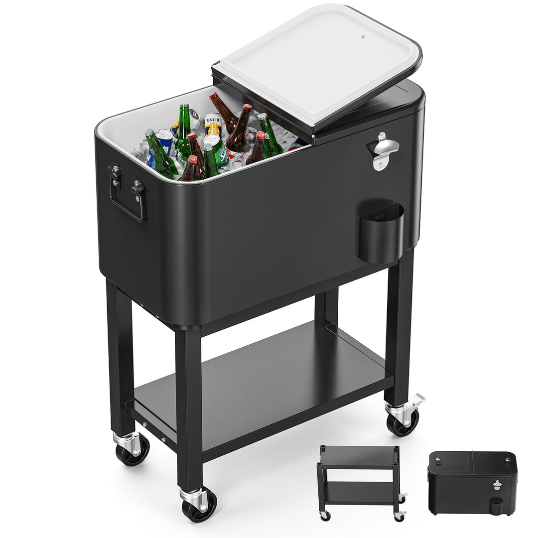 Bonnlo 57L Servierwagen mit Rollen, Beistellwagen, Patio-Kühlwagen, Kühlbox, Getränkekühler mit Flas