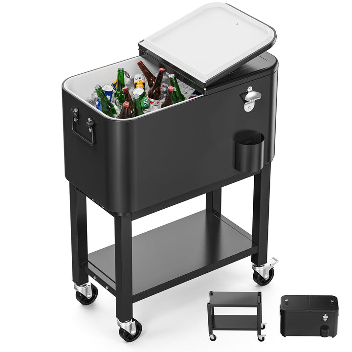 Bonnlo 57L Servierwagen mit Rollen, Beistellwagen, Patio-Kühlwagen, Kühlbox, Getränkekühler mit Flas
