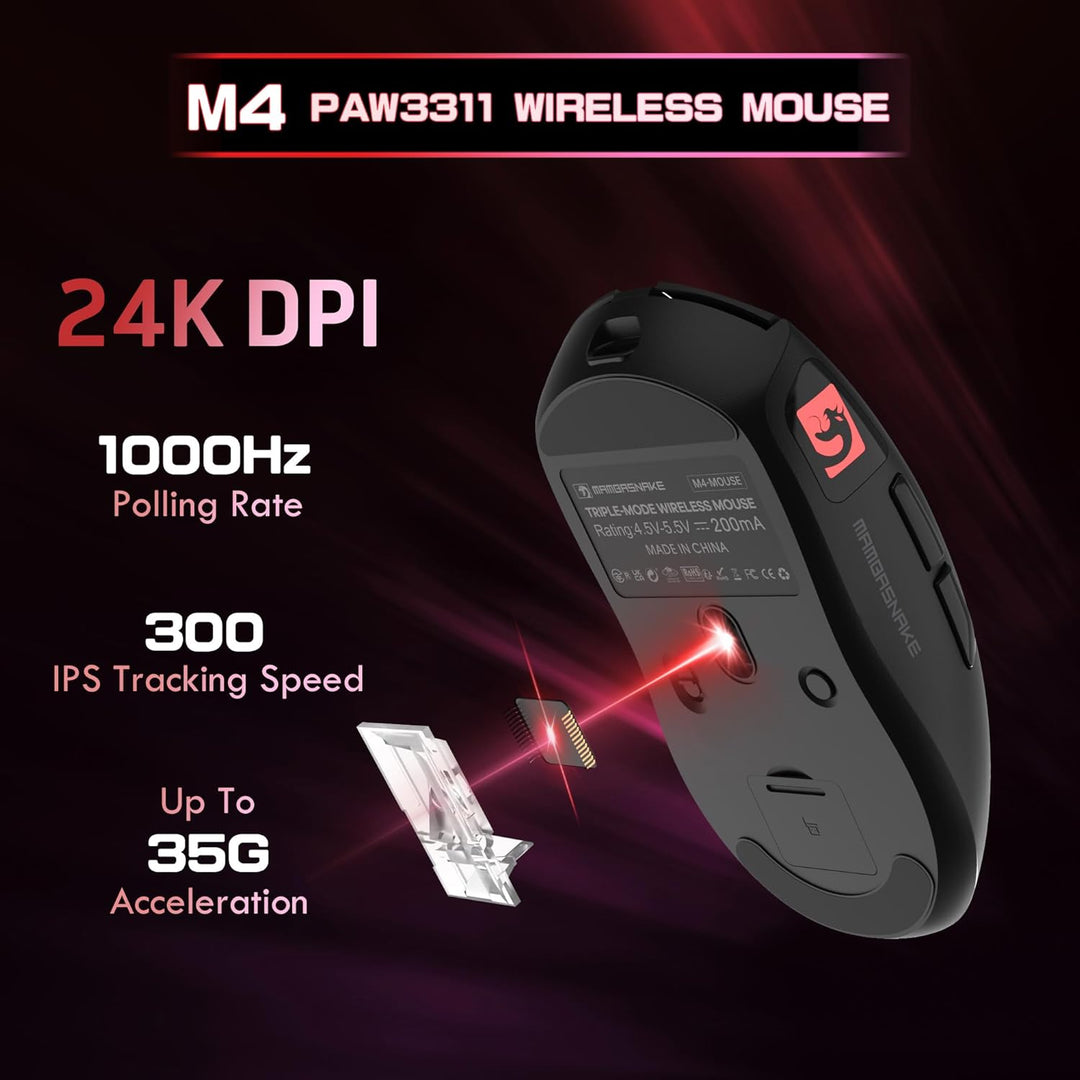 MAMBASNAKE M4 Ultra-Leichte Kabellose Gaming-Maus, 53g, PAW3311 Sensor, 24000 DPI, Tri-Mode Bluetoot