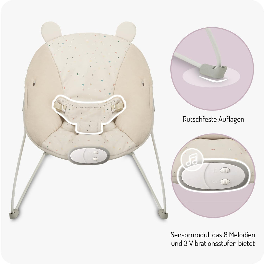 MoMi GLOSSY Babywippe für Babys bis 9 kg, 3-Punkt-Sicherheitsgurt, Metallgestell mit Antirutsch-Füss