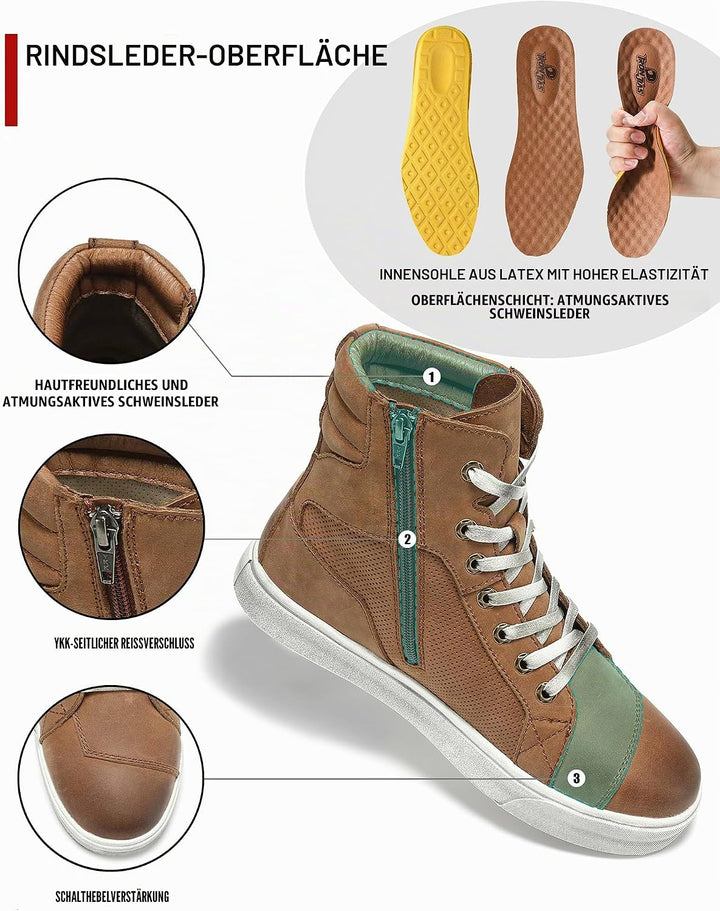 BORLENI Motorradschuhe Herren Leder Retro Motorradstiefel Männer lässige motorrad sneaker reissversc