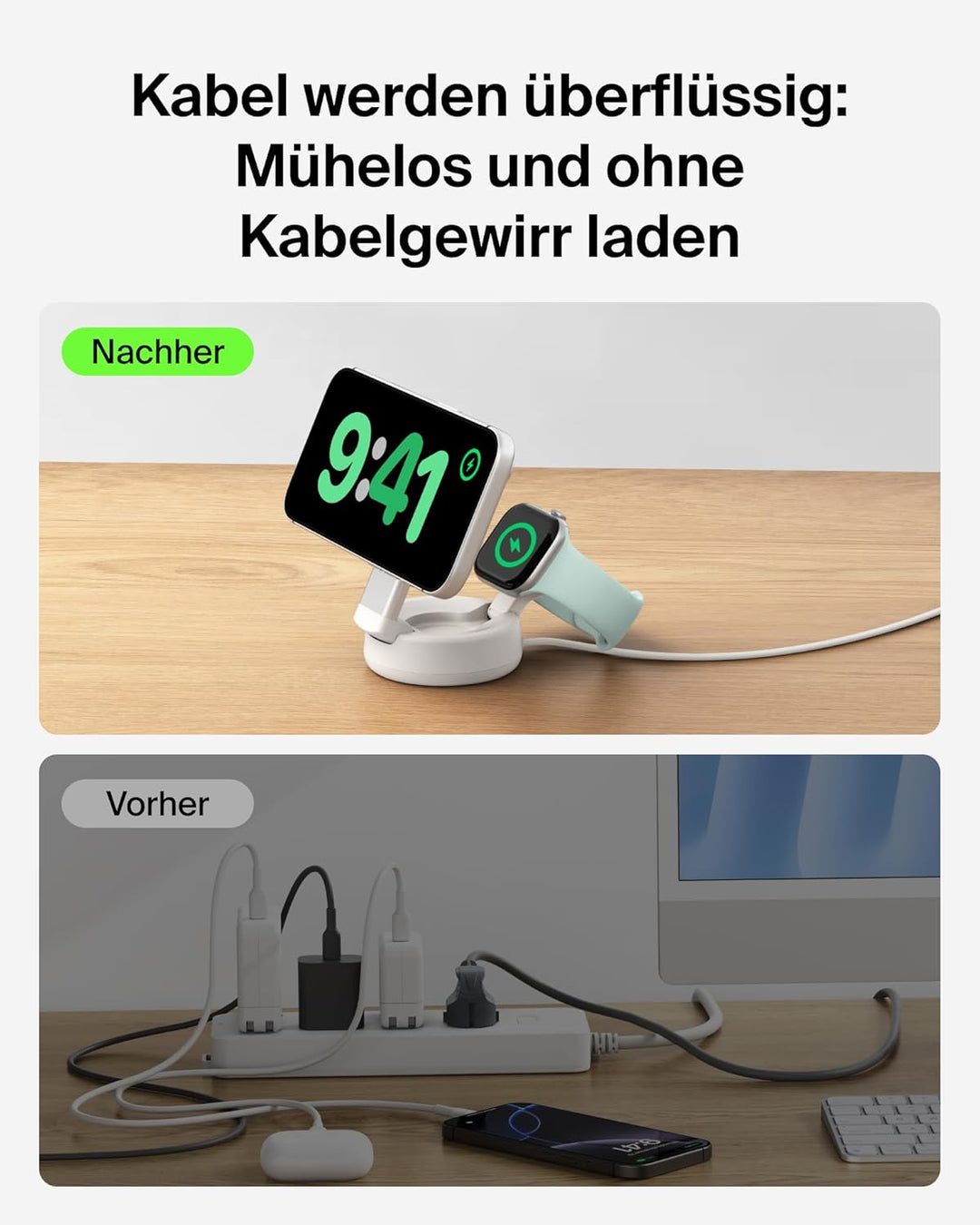Belkin UltraCharge Pro MagSafe Ladegerät, Induktive Ladestation, Qi2.2 25W Verstellbarer 2-in-1 Wire