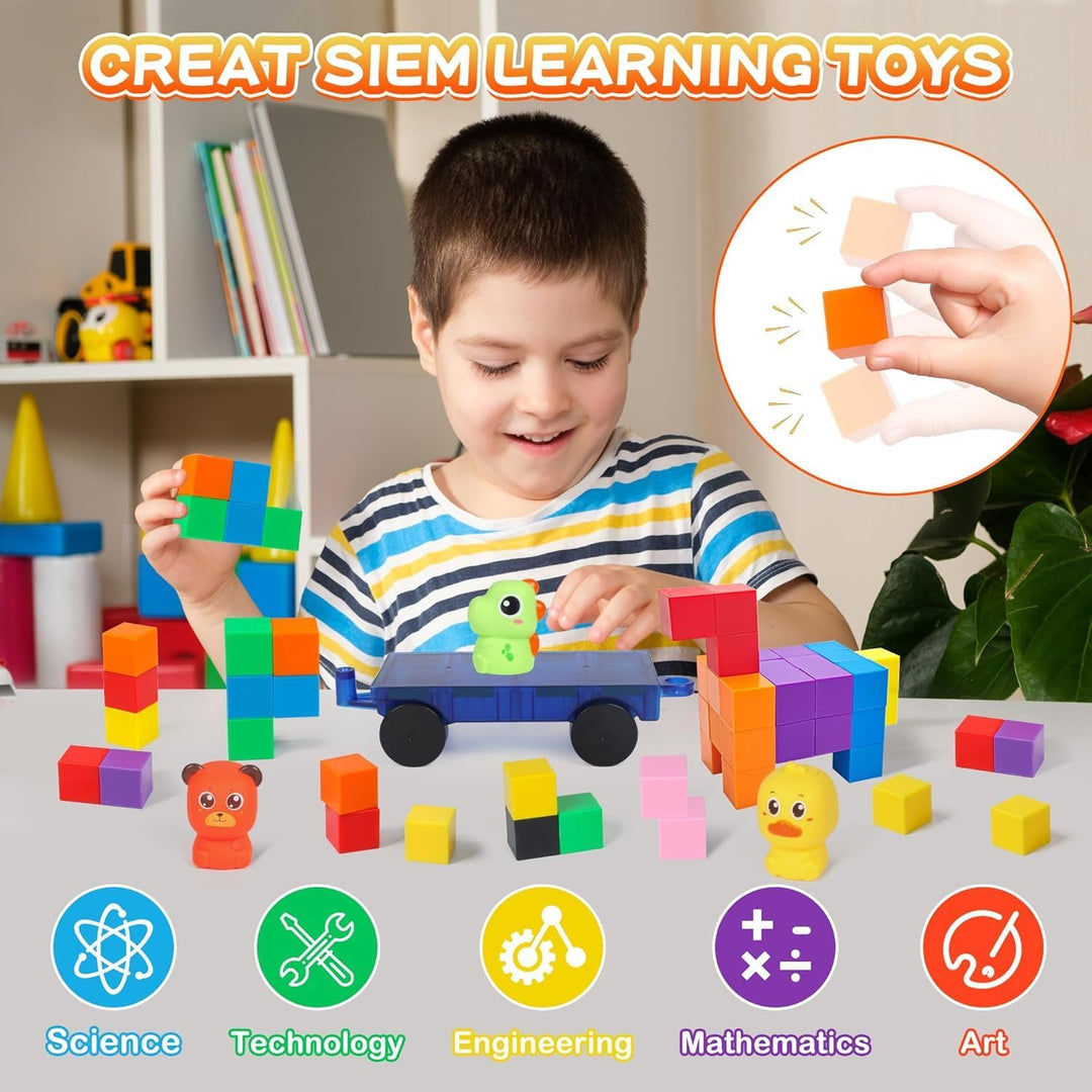 LONEEDY 60er-Pack magnetisches Bausteinset mit Tierfiguren und magnetischem Wagen – Magnetkonstrukti