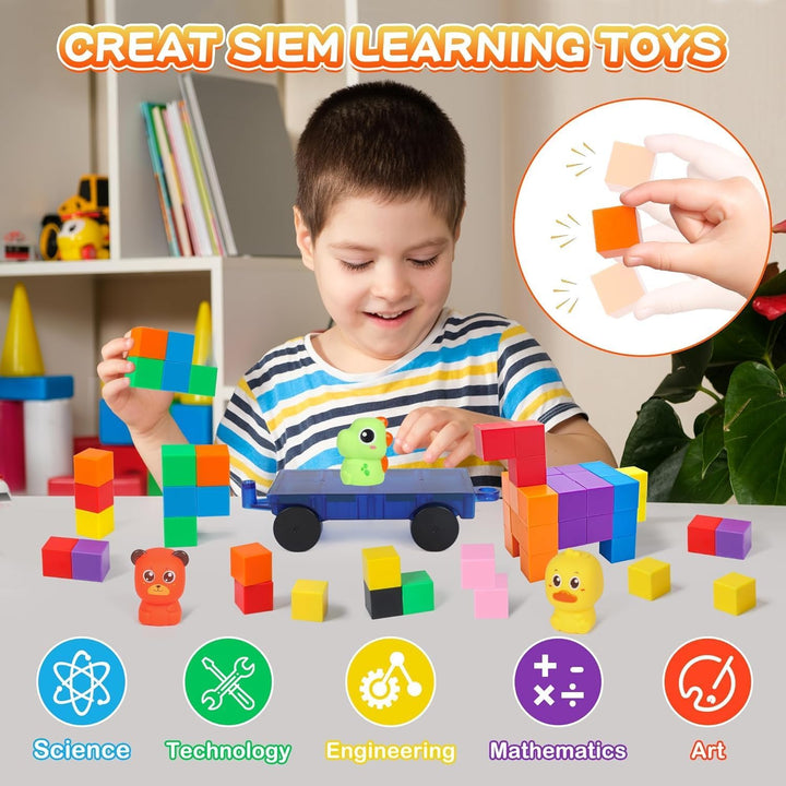 LONEEDY 60er-Pack magnetisches Bausteinset mit Tierfiguren und magnetischem Wagen – Magnetkonstrukti