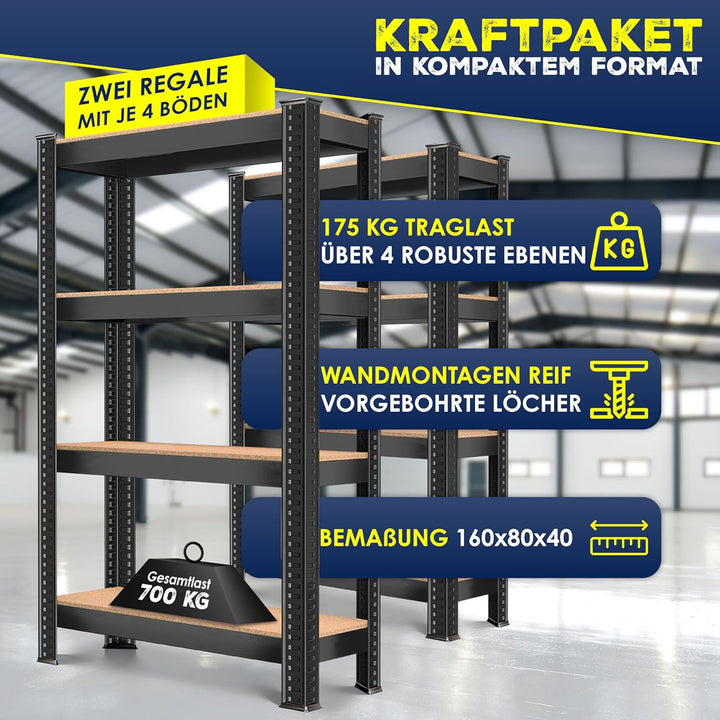 MASKO® 2er-Set Lagerregal Schwerlastregal, Kellerregal, 160 x 80 x 40 cm, bis 700kg belastbar, 4 ver