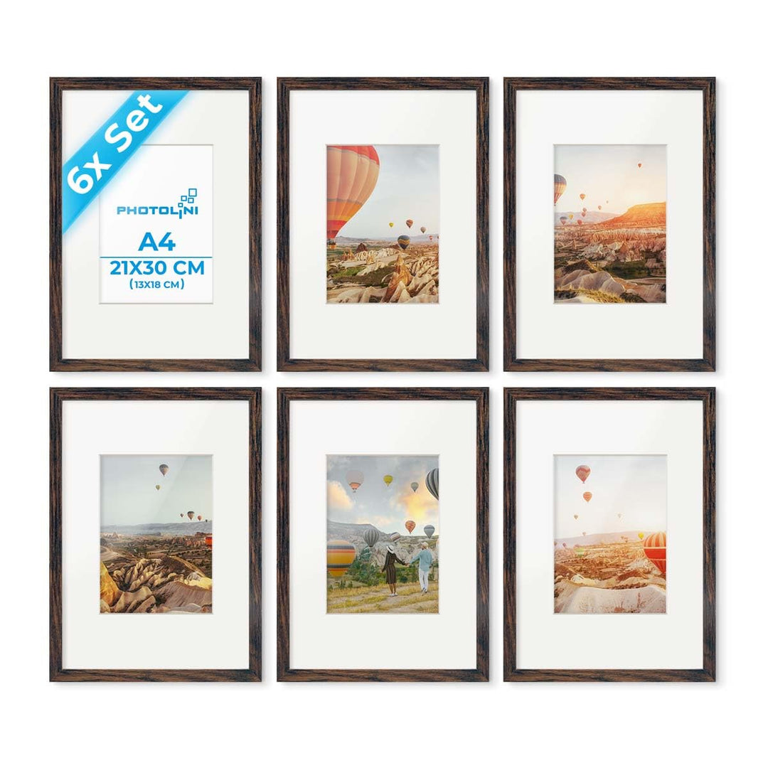 PHOTOLINI Bilderrahmen A4 Holz MDF Eiche Dunkel, 6er Set DIN A4 Bilderrahmen 21x30 cm mit Passeparto