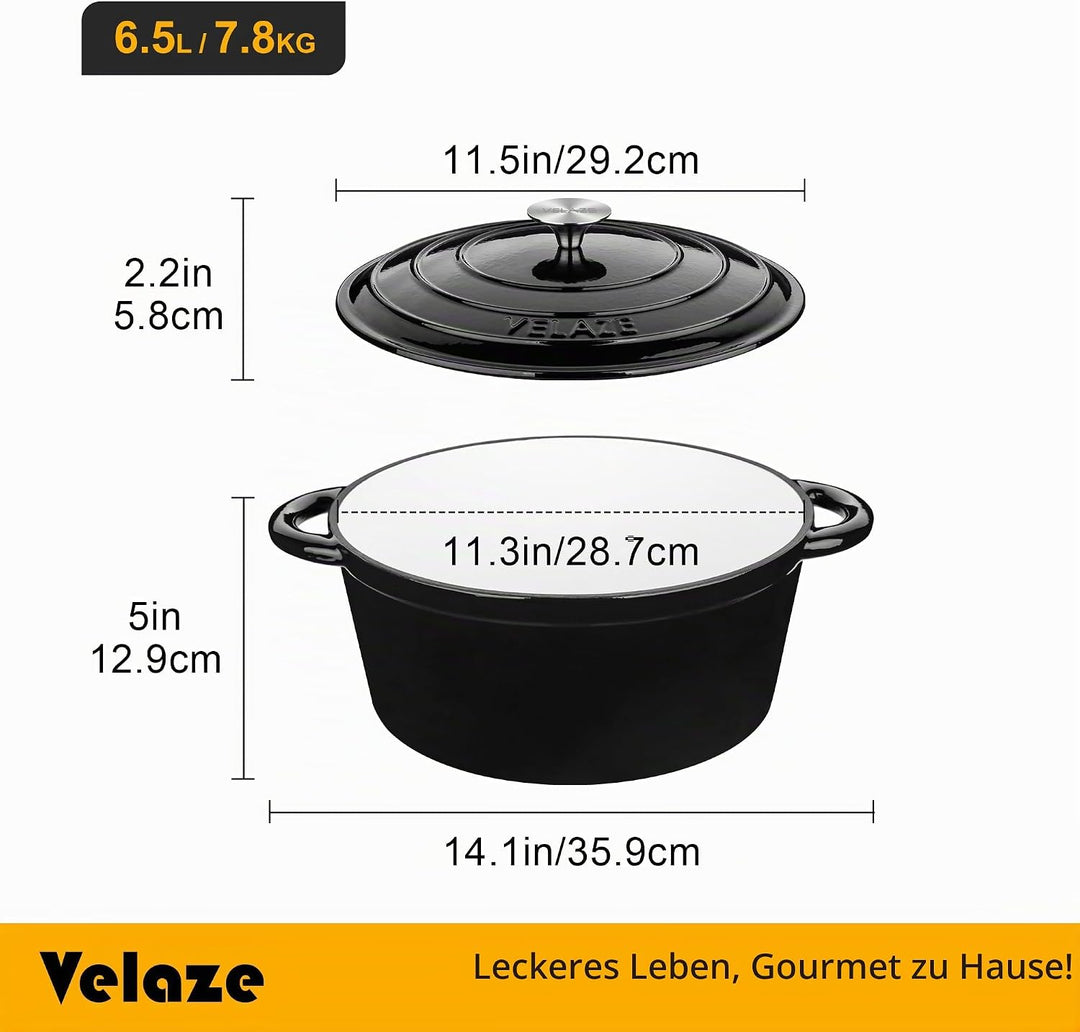 Velaze Gusseisen Topf 29cm, 6.5L Schwarz Gusseisen Bräter mit Deckel, Hochwertiger Emaille Topf Gros