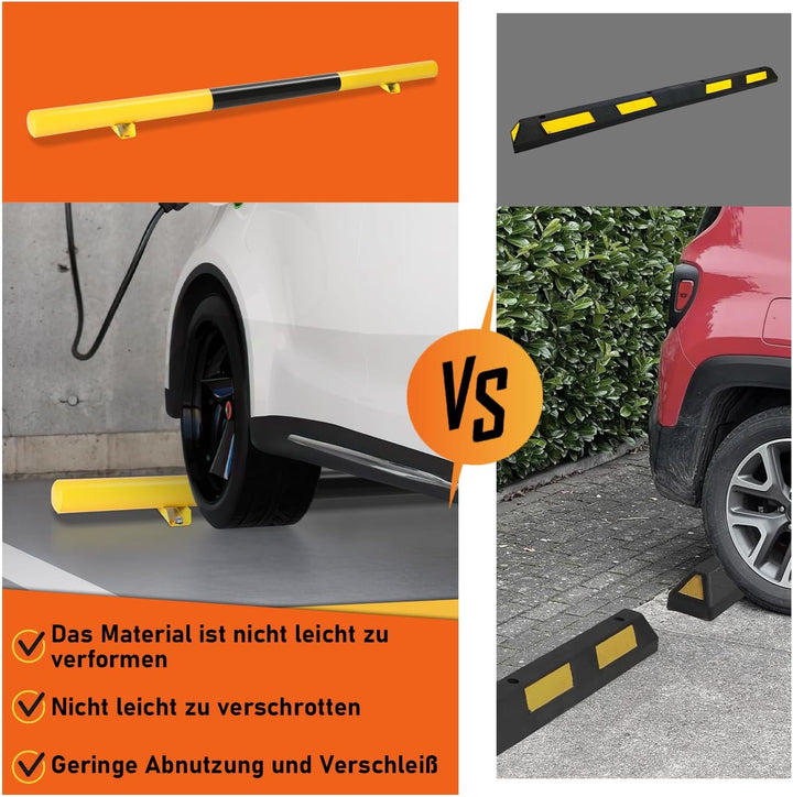 Fiqops Radstopper 2 x Metall Stahlrohr-Parkstopper Parkplatzbegrenzung, Schwarz-Gelb mit Reflexionss