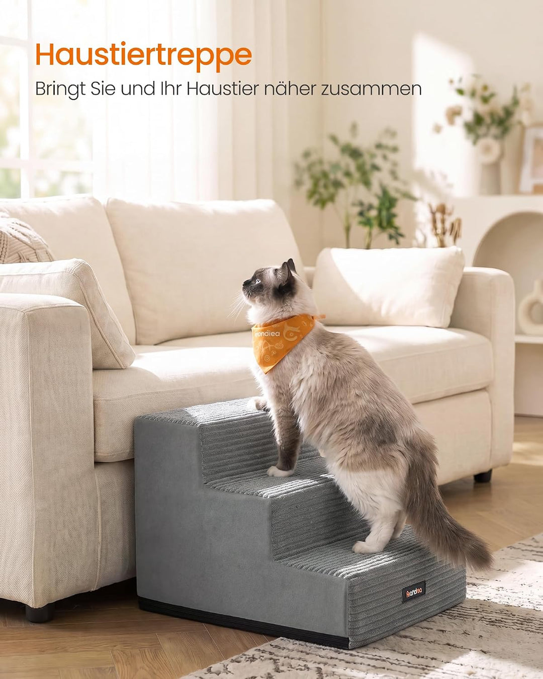 Feandrea Hundetreppe, 3 Stufen Katzentreppe aus Schaumstoff, Hunderampe für Kleine Hunde, 46 x 40 x