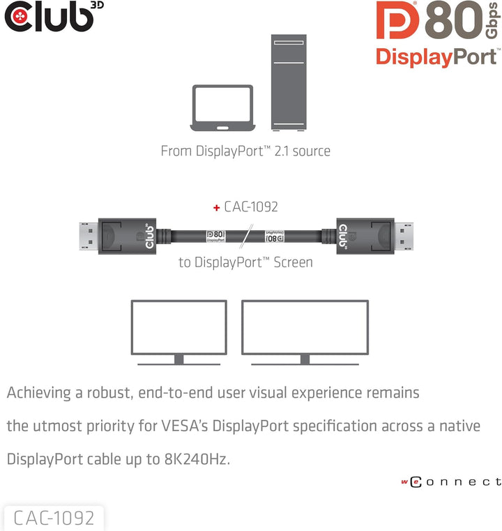 Club3D CAC-1092 DisplayPort™ 2.1 Bi-Direktionales VESA DP80 zertifiziertes Kabel 4K240Hz, 8K60Hz ode