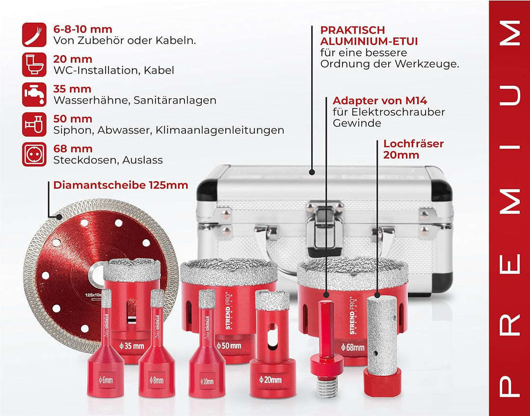 STREND PRO Diamant Fliesenbohrer Set | 6-8-10-20-35-50-68 mm, Trennscheibe, Fingerfräser 20mm, SDS A