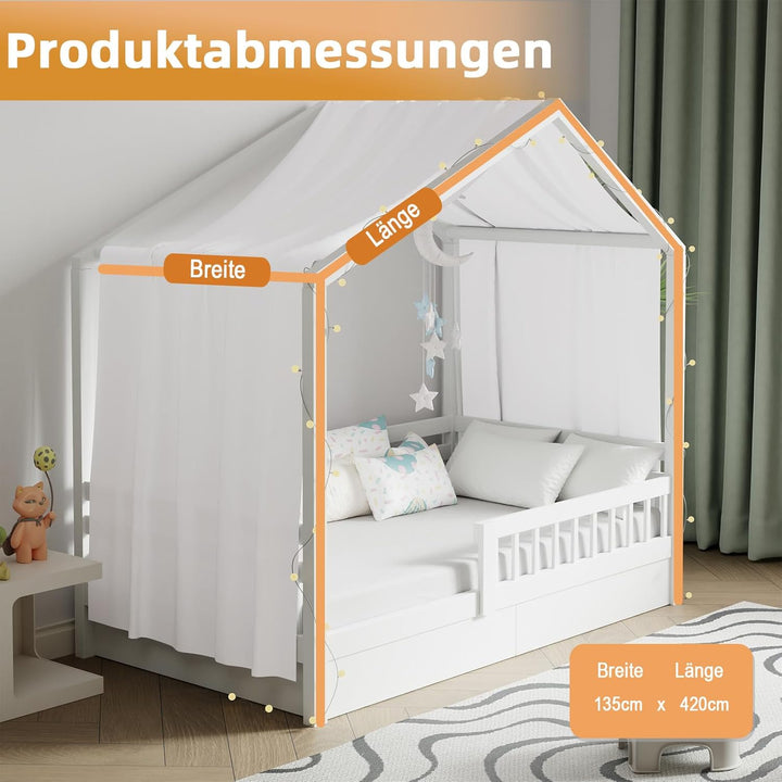Hausbett Himmel mit Lichterkette 1 Stück Deko Baldachin Hausbett Vorhang,Betthimmel Musselin Stoffhi