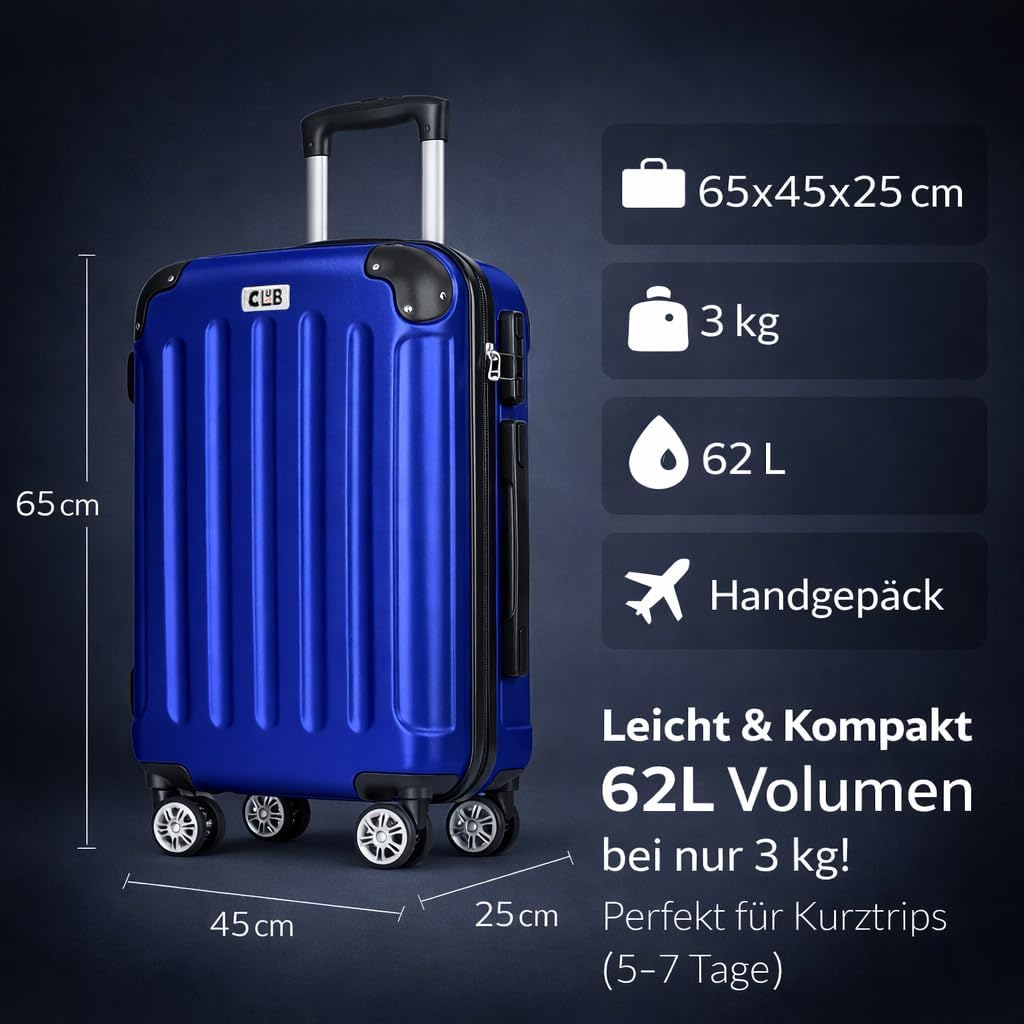 POSH Koffer mittelgross aus ABS - Leichter Hartschalen Trolley 65x45x25 cm - Reisekoffer 62L mit Zah