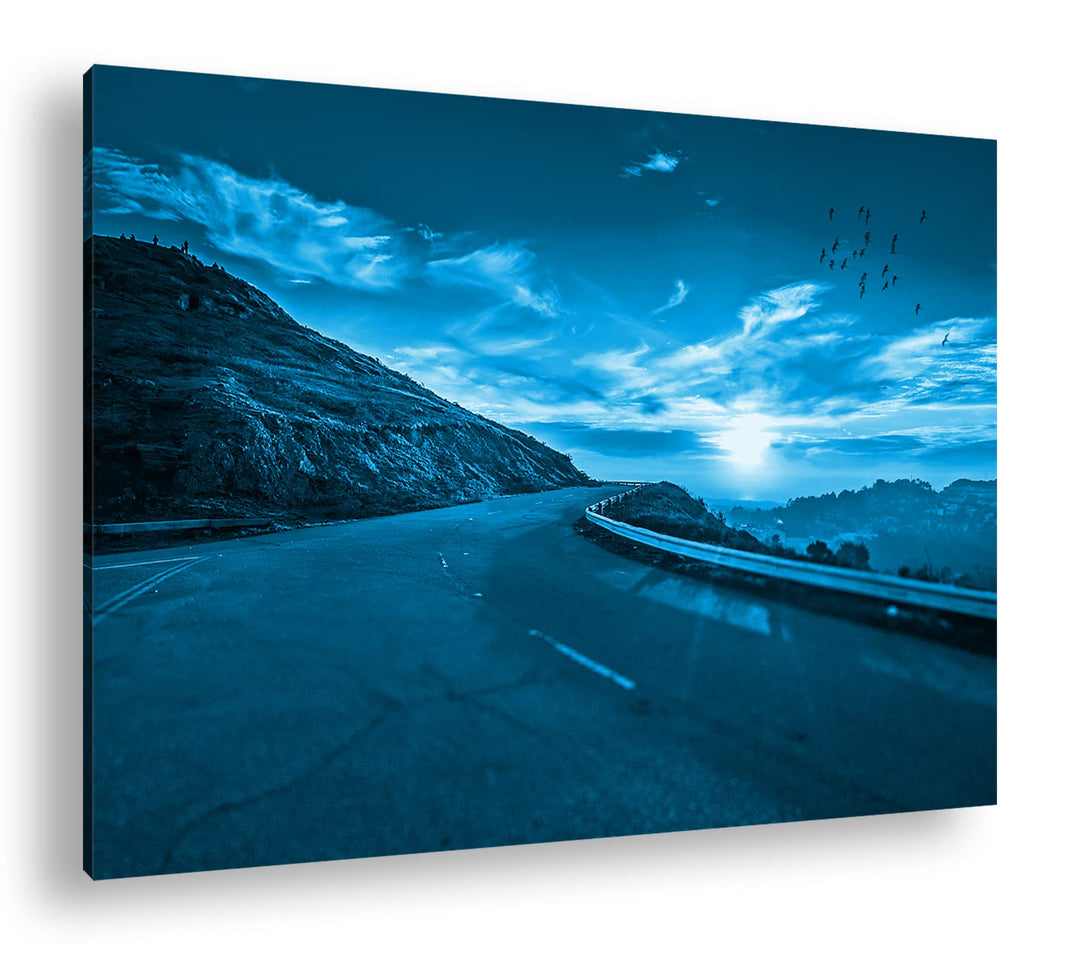 deyoli Bergstrasse am Morgen Format: 80x60 Effekt: Monocrome Blau als Leinwandbild, Motiv fertig ger